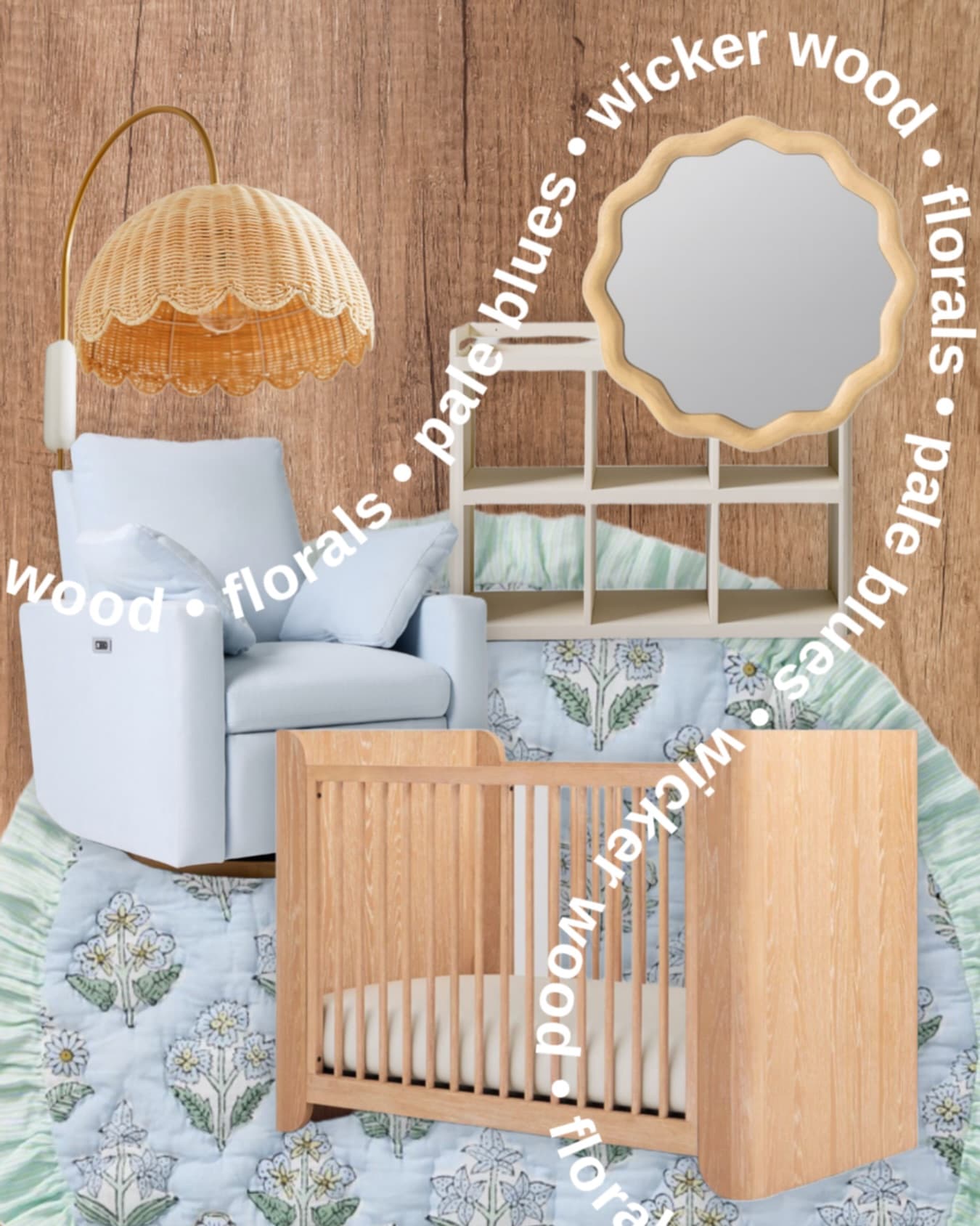 Nursery moodboard with pale blue seating, warm wood crib, wicker lighting, florals, and a scalloped mirror